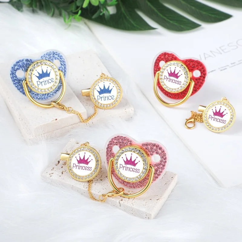 Luxury Rhinestones Baby Pacifier Chain Clips with Lid Princess Prince Crown Pacifiers Newborn Silicone Nipple Infant Shower Gift