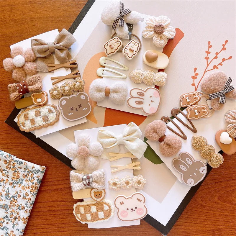 9Pcs/Lot Cartoon Baby Girls Hair Clips Korean Fabric Bow Flower Bear Hairpin Autumn Plush Barrettes Kids Hair Accessories