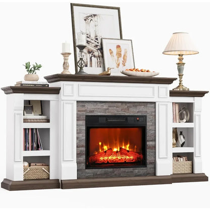 Electric Fireplace with Mantel and Cabinets, Fireplace TV Stand for Living Room Bedroom, Stacked Stone Surround and Remote