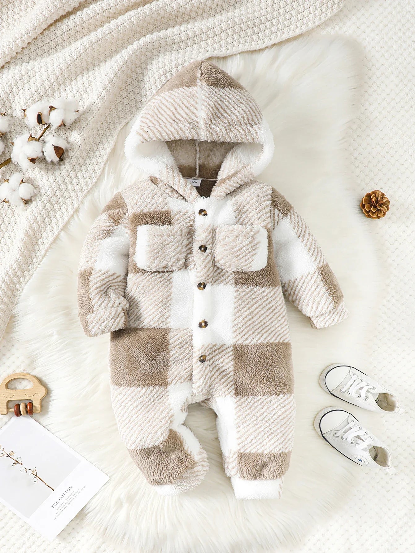 3-24 Months Baby Boys&Girls Romper Plaid Hooded Long Sleeved Plush Jumpsuit Winter Warm Bodysuit Clothes for Toddler Boy&Girl