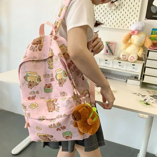 Kawaii Cartoon Capybara Backpack Funny Large Capacity Capybara School Bag Nylon Handbag Student Laptop Bag NO Pendant