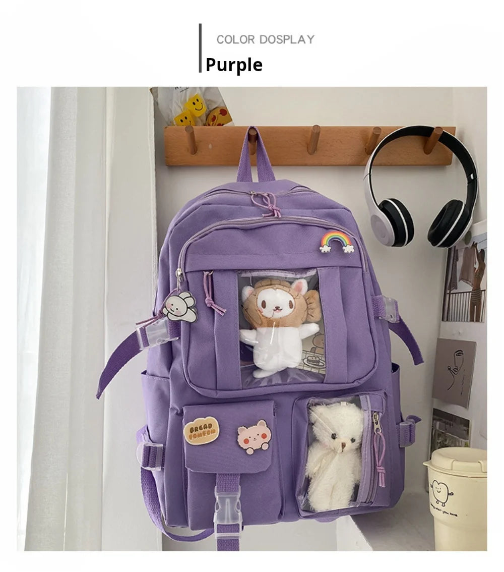 Girls High School Student Backpack Bags Backpack with Pin and Pendant,Cute Aesthetic Backpack ,Outdoor Sports Leisure Bag