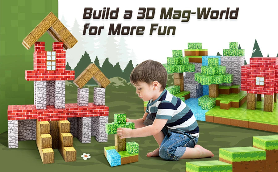 Magnetic Blocks - Build Mine Magnet World Edition Magnetic  Cubes Construction Toys for Boys Girls STEM Montessori Sensory Toys