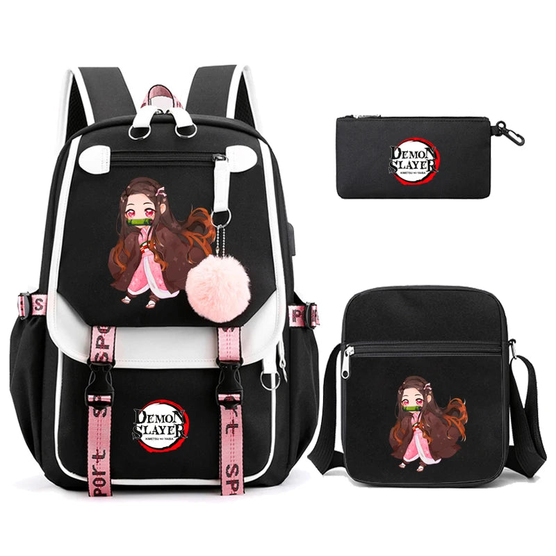 3Pcs/set Anime Kamado Nezuko Demon Slayer Backpacks for Girls School Bag Teenager Student Canvas Laptop Back Pack Women Rucksack