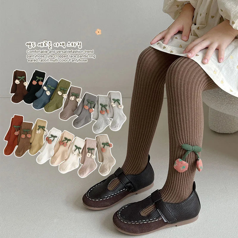 Baby's Fashion Pantyhose Kid's Korean Style Cute Cherry Tights Girls Cotton Knitted Leggings Long Stocking Girl Tights Stocking