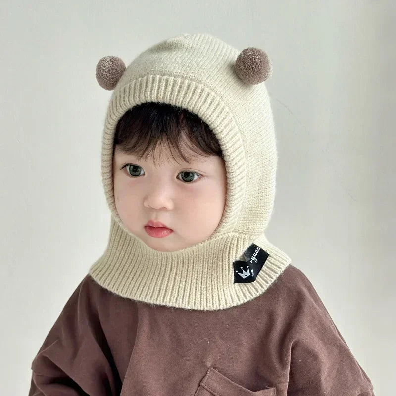 Baby Scarf Hat One-piece Knitted Cap Warm Cute Double Hairball Children Ear Protection Caps Korean Boys Girls Kid Windproof Hats