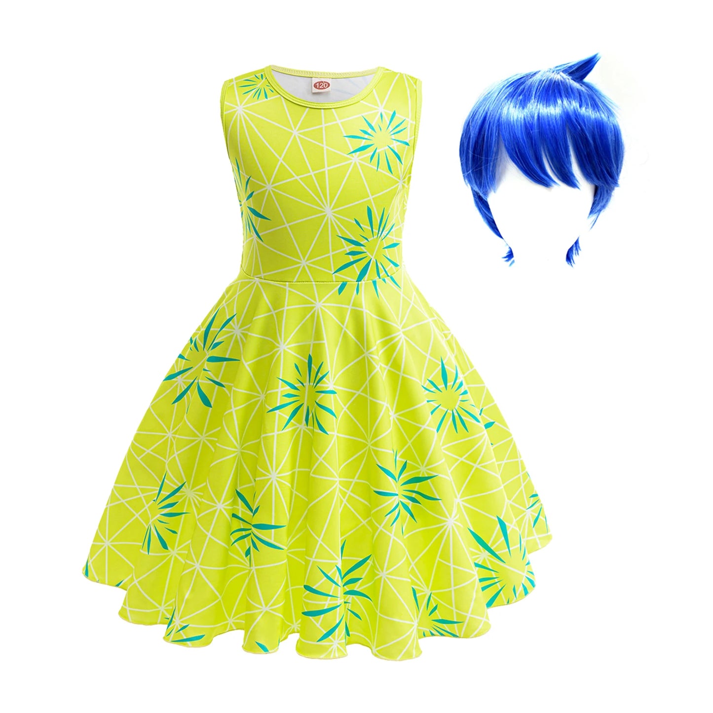 Movie Inside Out Joy Cosplay Costume Princess Dress+Wig For Kids Girls Halloween Carnival Birthday Green Printed Party Frocks