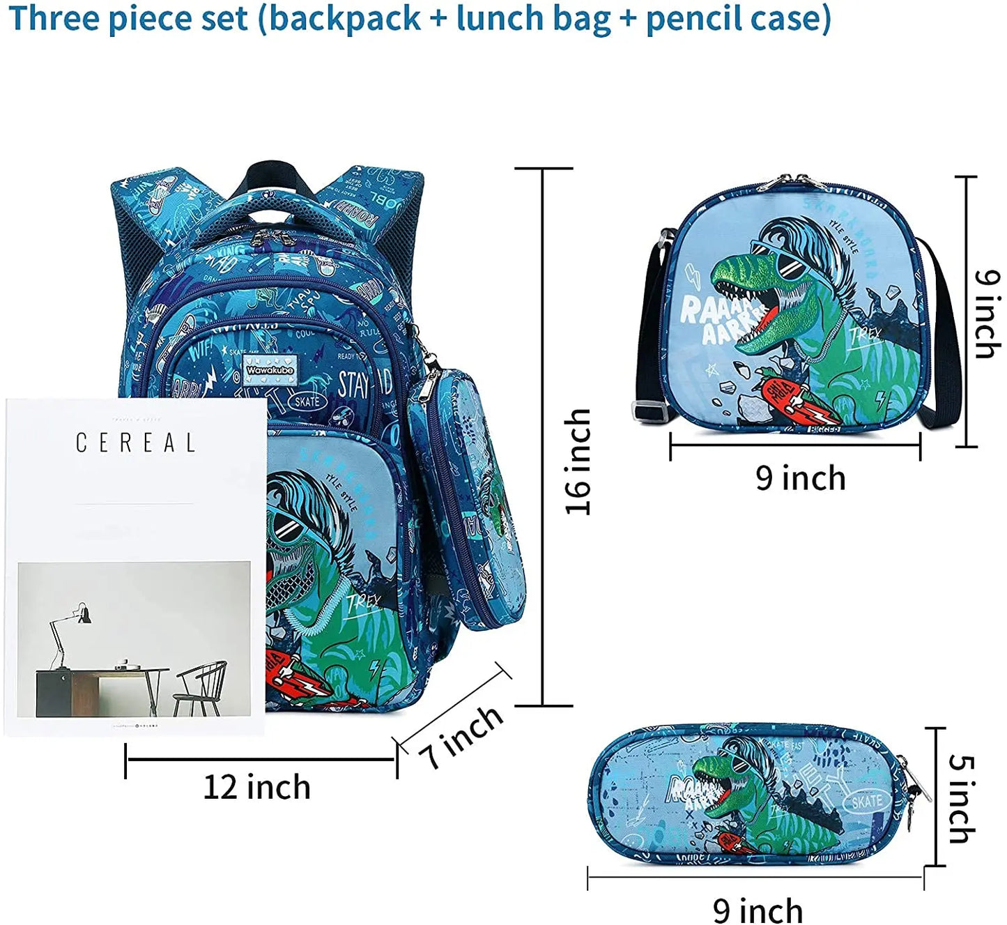 Boys Dinosaur Backpack Set with Lunch Box Pencil Case, School Book Bag for Kids Elementary Preschool