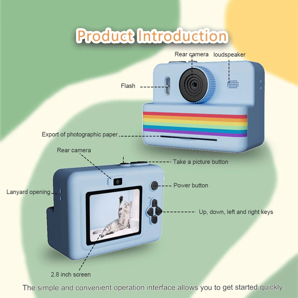 2.8 Inch Large Screen Instant Print Camera, HD Digital Video Camera for Kids, Outdoor Zero Ink Portable Print Toy Camera