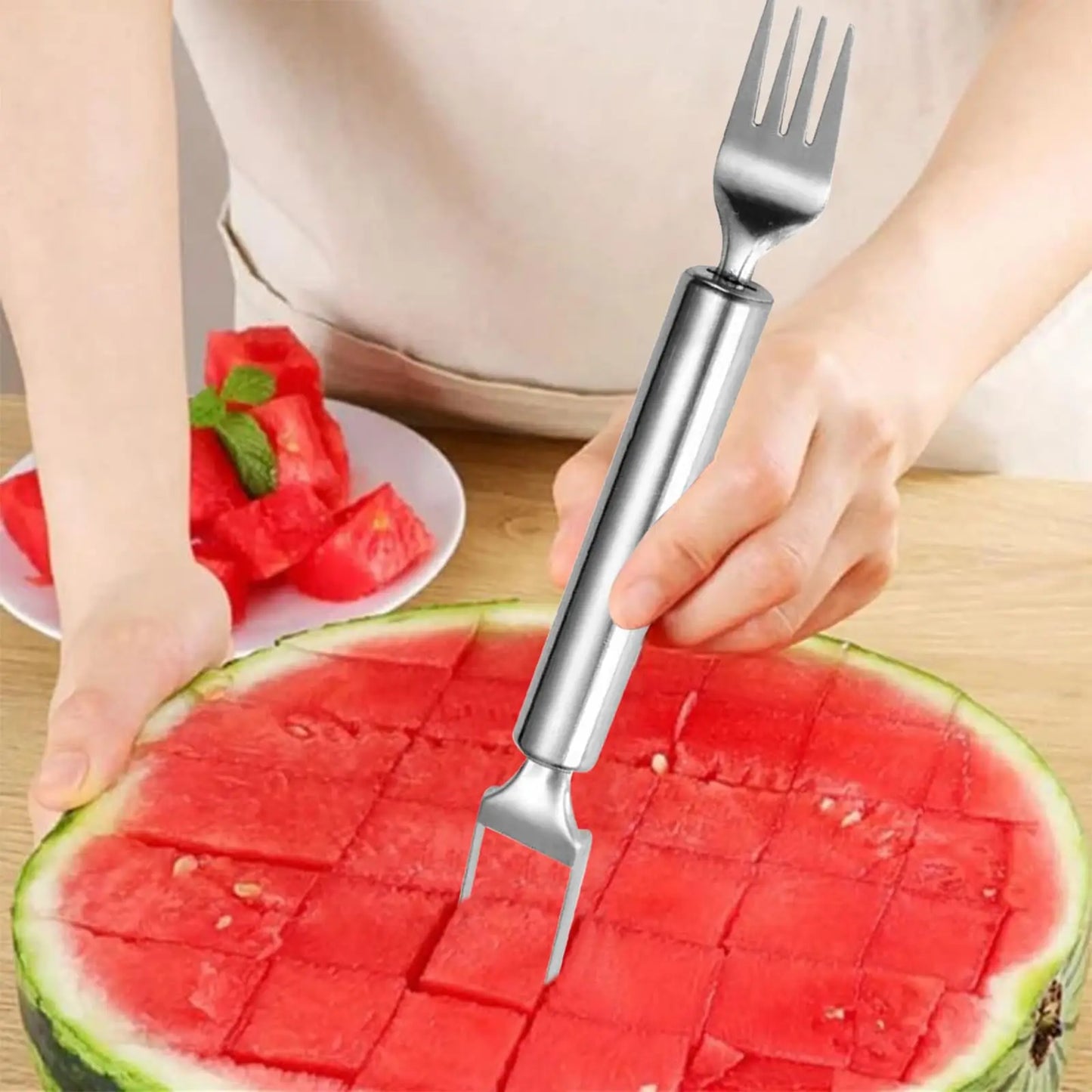 2024 Newest Watermelon Slicer Tool Stainless Steel Fruit Cutter Dual Head Watermelon Fork Melon Cutter Kitchen Gadgets