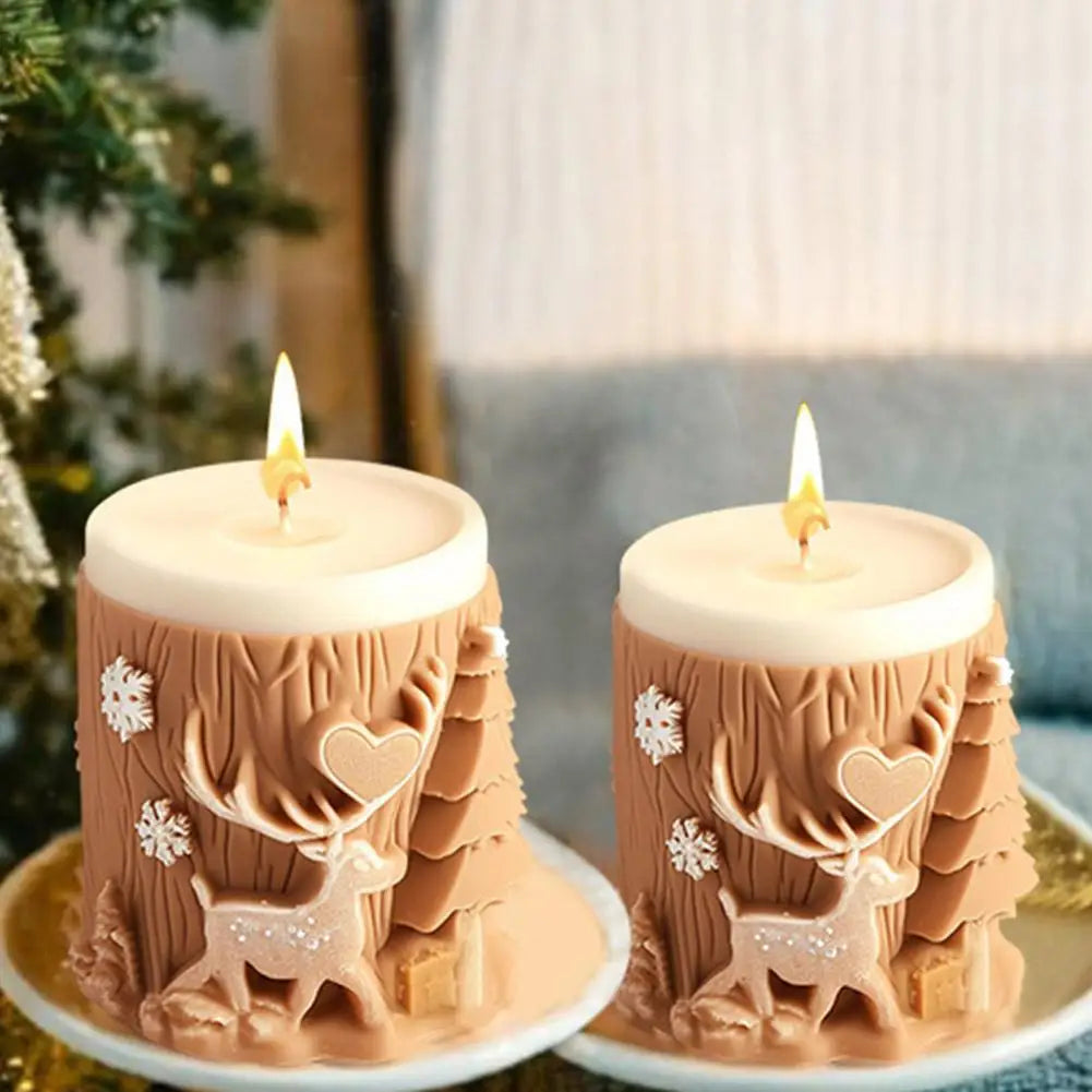 New Christmas Tree Carving Pattern Cylindrical Candle 3D Silicone Mold Reindeer Snowflake Cylindrical Elk Candle Mold