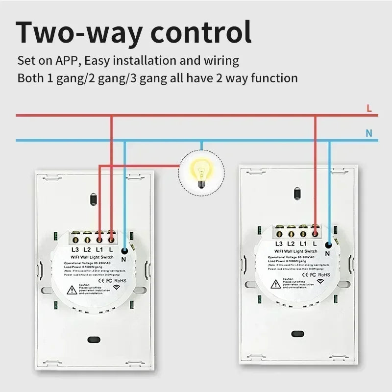 Tuya US WiFi+Bluetooth Smart Switches No Neutral Wire Required 1/2/3/4 Gang Light WiFi Touch Switch Work with Alexa Google Home