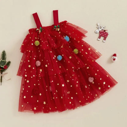 MISOWMNJOY Christmas Baby Girls Dresses Princess Kids Party Clothes for Girl Star Print Sleeveless Layered Tulle Dress with Ball