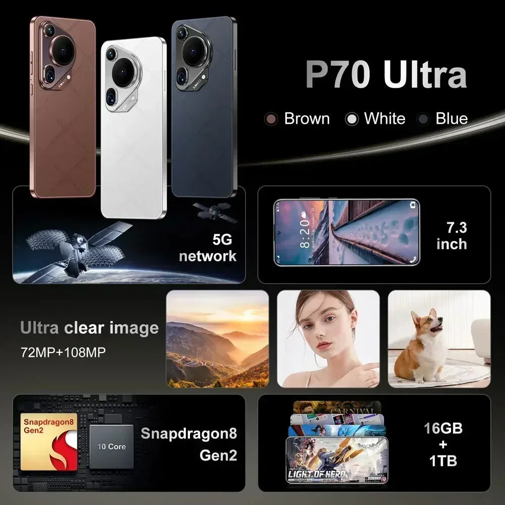 Original P70 Ultra Smartphone 7.3inch Global Version 16GB+1TB Cell Phone 5G Dual Sim Android13 Mobile Phone 8000mAh Cellphones