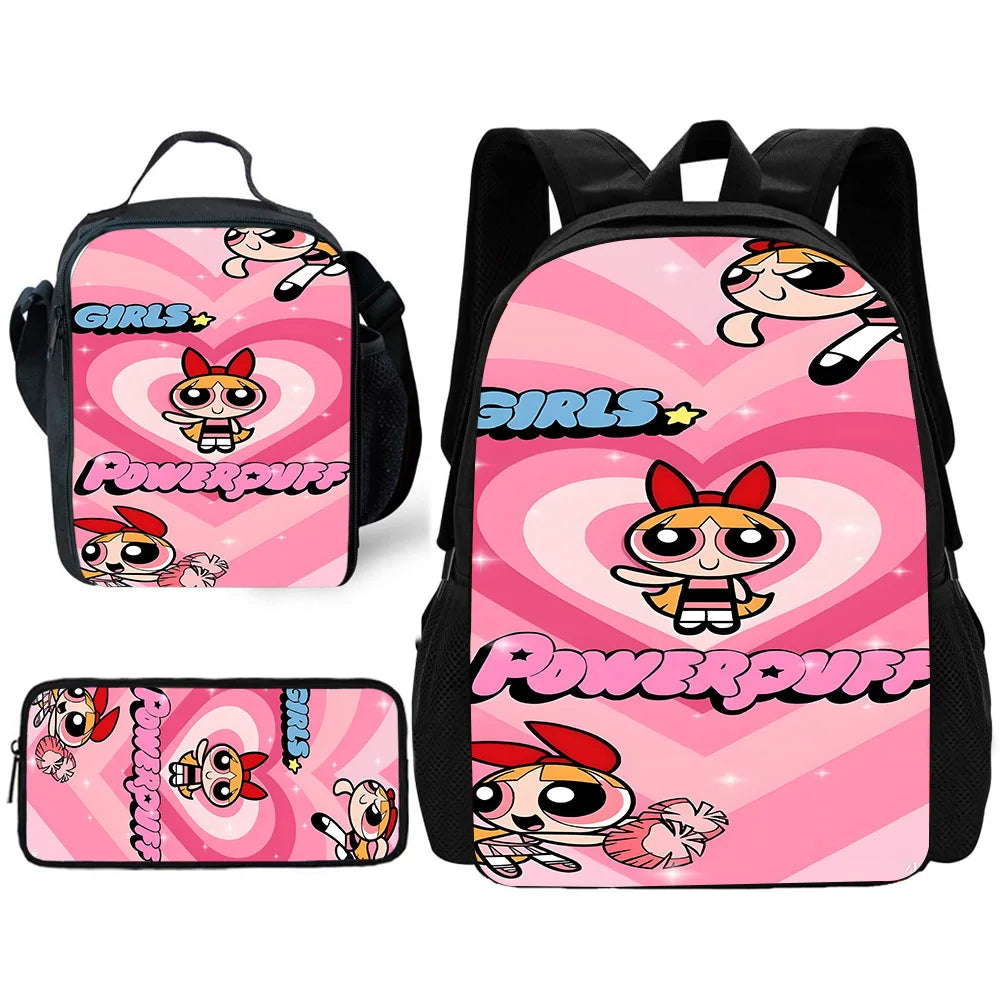 3 pcs set Cute Anime Powerpuffs Girlss Child School Backpack with Lunch Bags ,Pencil Bags ,School Bags for Boys Girls Best Gift