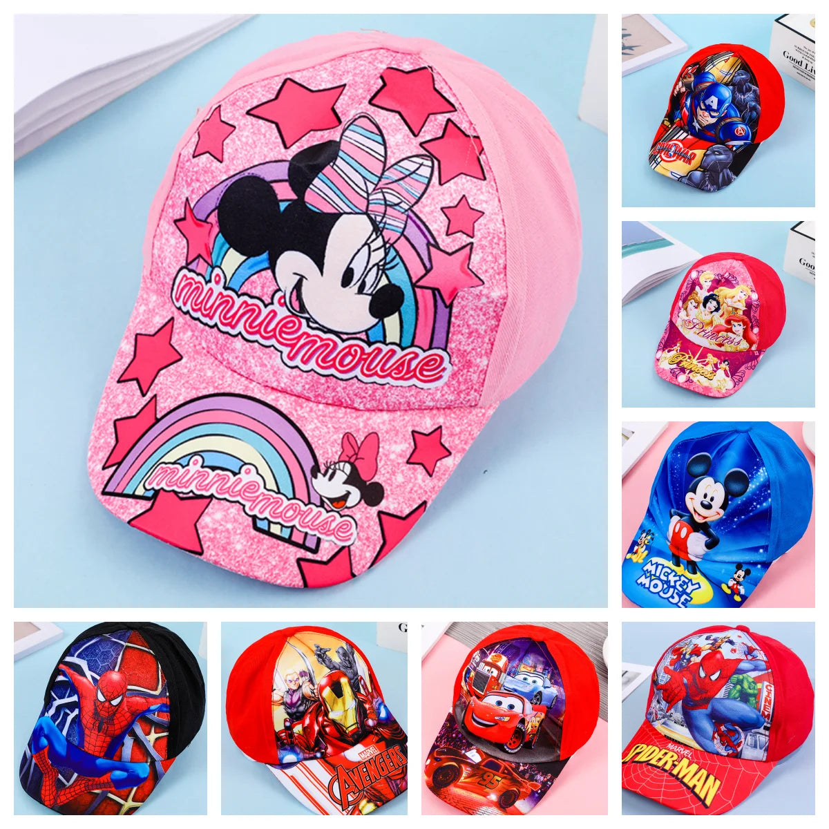 Disney New Anime Frozen Minnie Mouse Kids Brand Hat Boy Girl Travel Caps Spiderman Mickey Baby Caps Figure Gift Toys 3-8Y