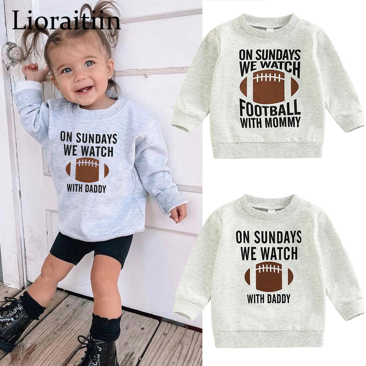 2022-09-02 Lioraitiin 0-6Years Toddler Kids Girl Boy Sweatshirt Ball Season Daddy Mommy Letters Football Print Pullover Tops