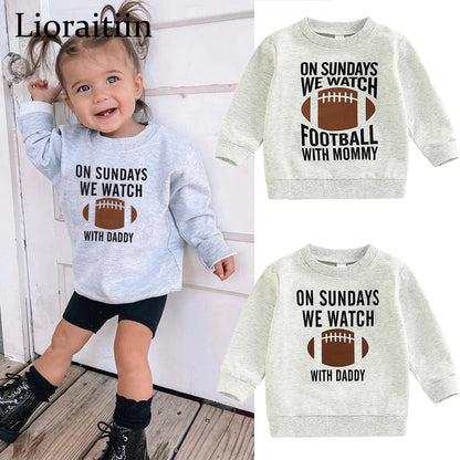 2022-09-02 Lioraitiin 0-6Years Toddler Kids Girl Boy Sweatshirt Ball Season Daddy Mommy Letters Football Print Pullover Tops