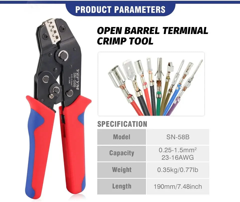 Non-insulated Open Barrel Crimping Tool SN-58B 23-16 AWG /0.25-1.5mm², Dupont Molex JST TE Terminals & EPC PCIE SATA Pins