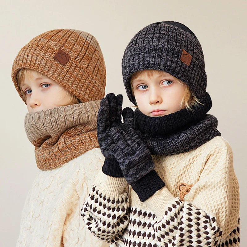 2/3Pcs Kids Winter Hat Scarf Gloves Set Warm Children Beanie Hats Neck Warmer Non Slip Gloves Child Boys Cap Kids Gift 4-10Y