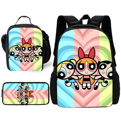 3 pcs set Cute Anime Powerpuffs Girlss Child School Backpack with Lunch Bags ,Pencil Bags ,School Bags for Boys Girls Best Gift