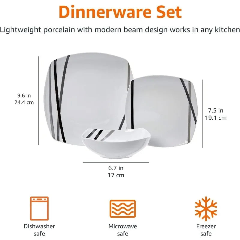 18 Piece Kitchen Dinnerware Set - Square Plates, Bowls, Service for 6 - Dishwasher and Microwave Safe, Modern Beams