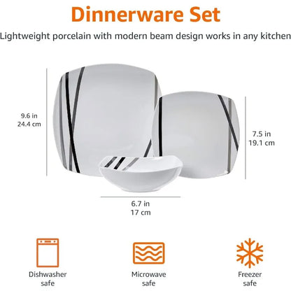 18 Piece Kitchen Dinnerware Set - Square Plates, Bowls, Service for 6 - Dishwasher and Microwave Safe, Modern Beams