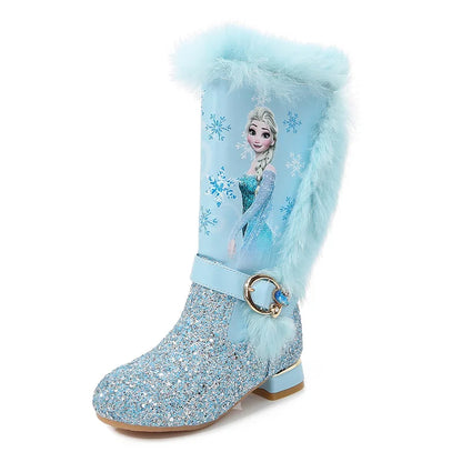 Disney Girls' High Heel Boots Winter Children's High Sleeve Plush Snow Warm Boots Princess Elsa Long Pink Blue Boots Size 26-37