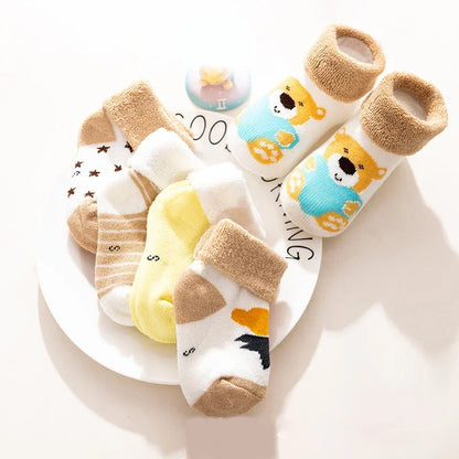 5 Pairs Autumn Winter Warm Strip Baby Sock Cute Cartoon Dot Thick Infant Floor Sock Soft Star Pattern Newborn Toddler Sock