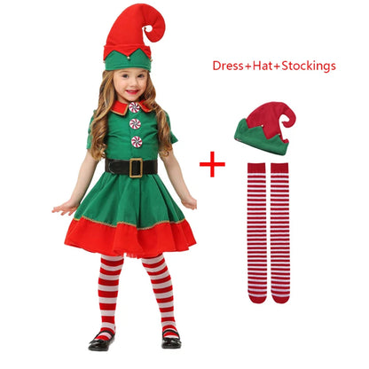 Christmas Kids Clothes Baby Cosplay Green Elf Santa Costume Toddler Xmas Suit Jumpsuit Outfit For Boys Girls Carnival Party