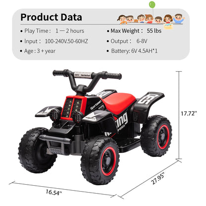 Kids Ride On ATV, 6V Ride On Car with Led Headlights, Ride-On Toy Treaded Tires, Rubber Handles, Push-Button Accelerator