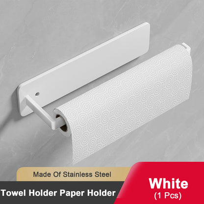 Paper Towel Holder Self Adhesive Toilet Roll Paper Holder No Punching Kitchen Bathroom Lengthen Storage Rack Grey Black White