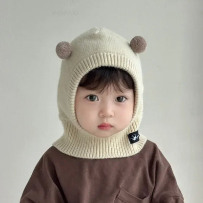 Baby Scarf Hat One-piece Knitted Cap Warm Cute Double Hairball Children Ear Protection Caps Korean Boys Girls Kid Windproof Hats