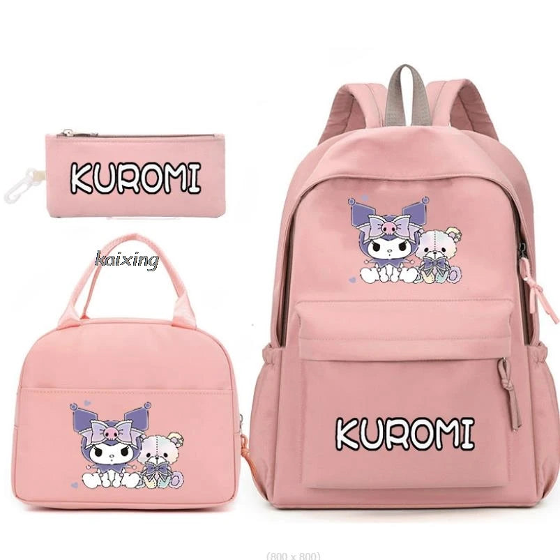 3Pcs/Set Lovely Kuromi Melody Backpacks Lunch Bag Pencil Bag Teen Women Men School Students Backpack Cartoon School Bag Mochila