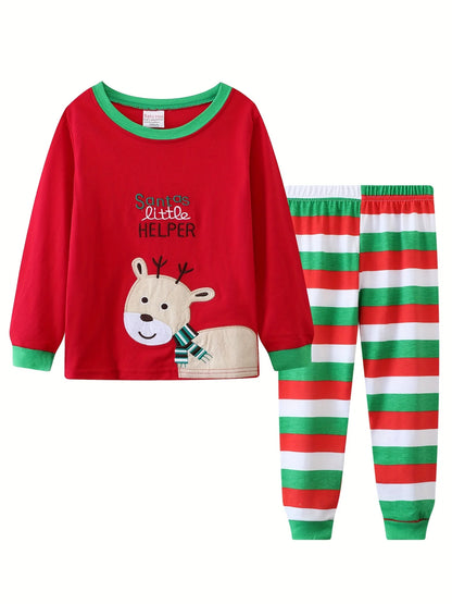 Kids Boys Pajamas Cartoon Christmas 2PCS Long Sleeved Autumn Winter Round Neck Long Sleeve Top & Pants Set