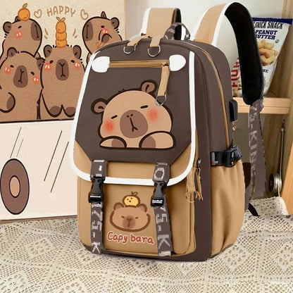 Cute Capybara Backpack Waterproof Large-Capacity Multi-Compartment Backpack Animal Print School Bag Capybara Plush Toy Included