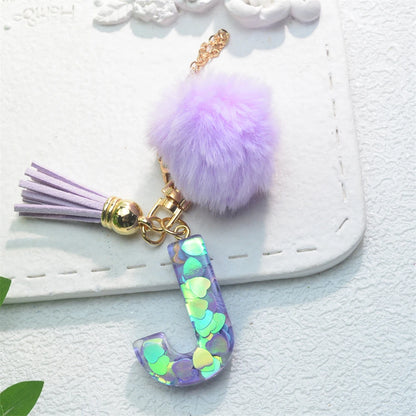 Sparkling Fashion Initials Letter Charm Keychains With Pompom Tassel Handle Pendant Keyrings for Tumbler Women Cup Accessories