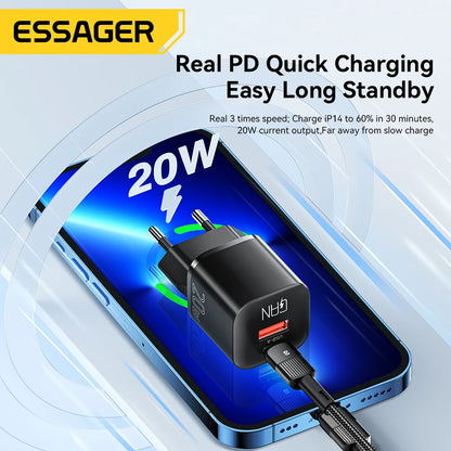 Essager 20W GaN USB Type C Charger PD Fast Charge Phone QC 3.0 Quick Chargers For iPhone 14 13 12 11 Pro Max Mini iPad Charging