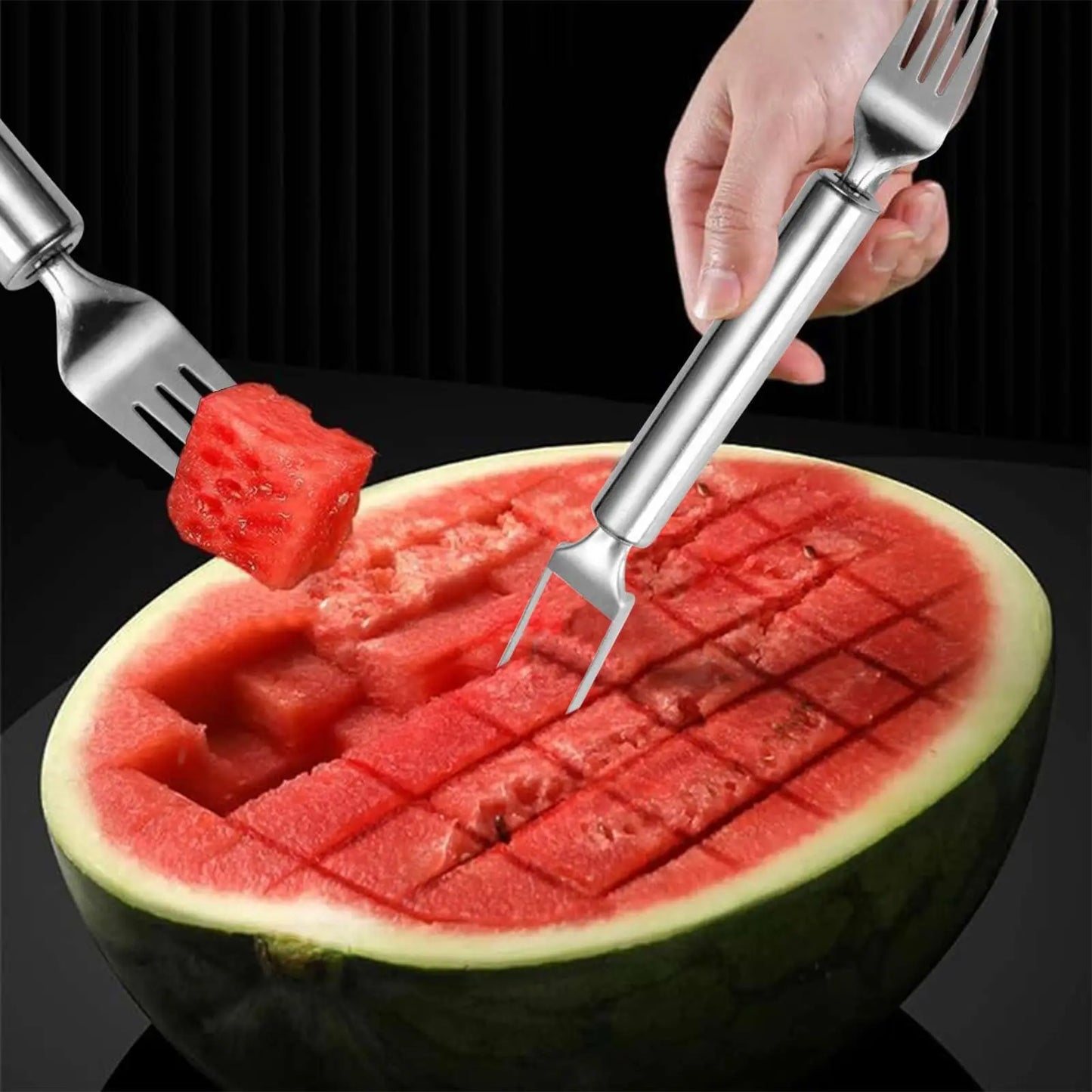 2024 Newest Watermelon Slicer Tool Stainless Steel Fruit Cutter Dual Head Watermelon Fork Melon Cutter Kitchen Gadgets