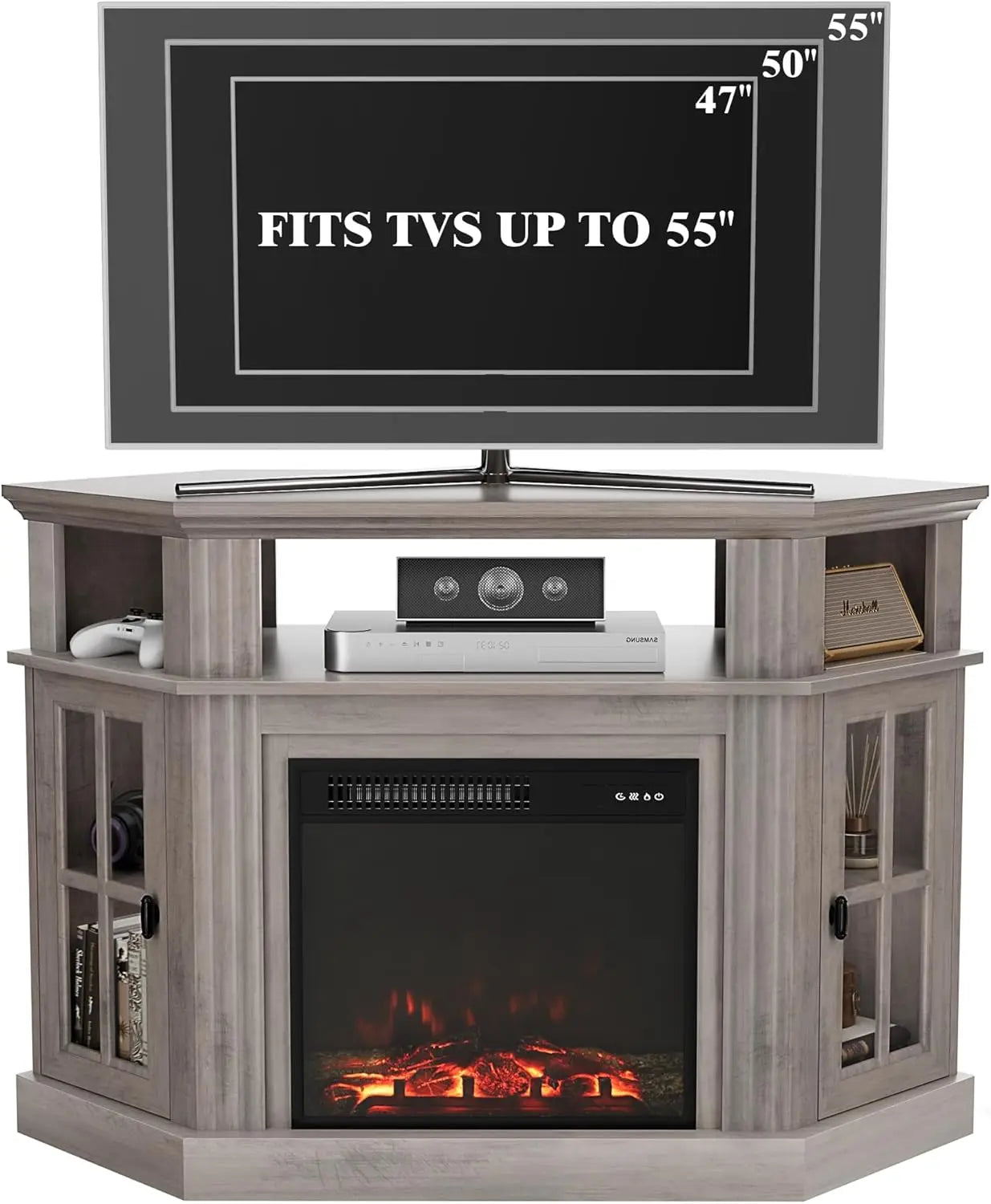 Fireplace Corner TV Stand for TV Up to 55 Inch, Modern TV Console with 18 Inch Electric Fireplace, Entertainment Center with