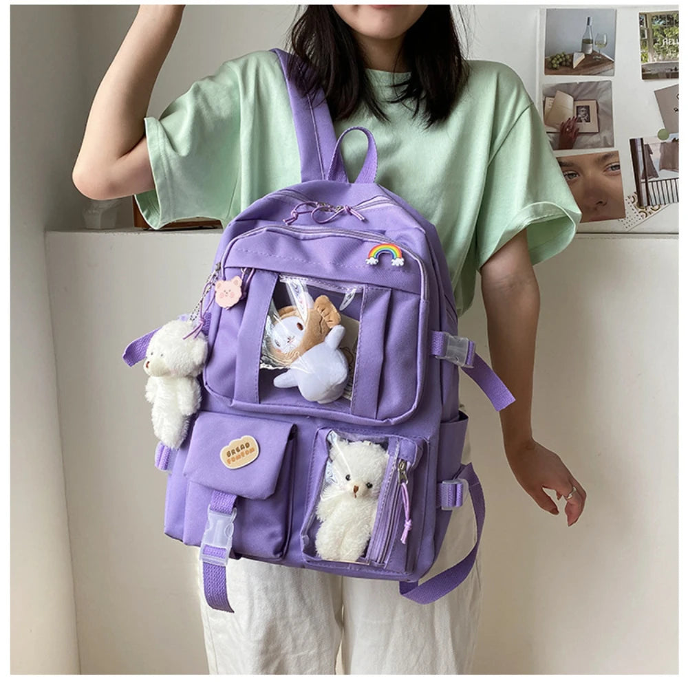 Girls High School Student Backpack Bags Backpack with Pin and Pendant,Cute Aesthetic Backpack ,Outdoor Sports Leisure Bag