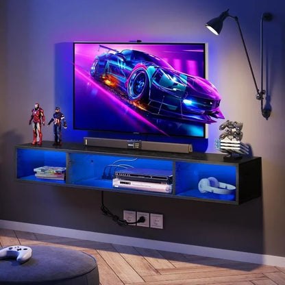 Floating TV Stand with Power Outlet, and RGB Lights, 47.2" Wall Mounted TV Shelf, Media Console with Storage Shelf