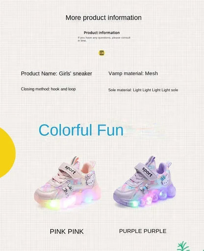 Cute Hello Kitty Casual Shoes for Baby Girl Children Led Light Sneakers Kids Shoes Toddler Walking Shoes Kids Anti-slip Shoes