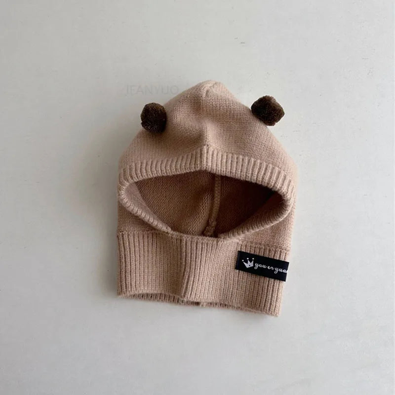 Baby Scarf Hat One-piece Knitted Cap Warm Cute Double Hairball Children Ear Protection Caps Korean Boys Girls Kid Windproof Hats