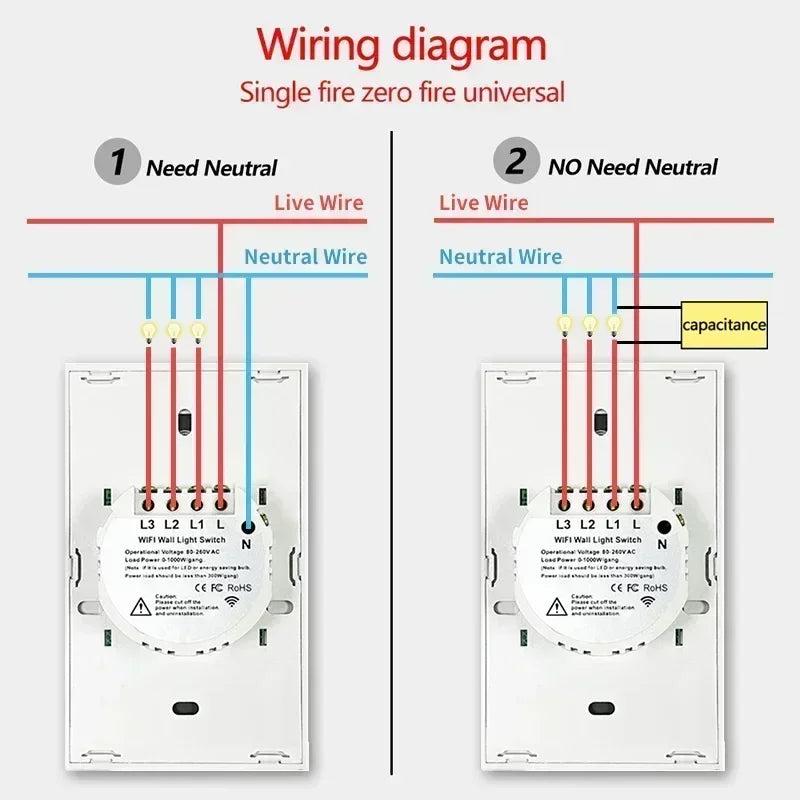 Tuya US WiFi+Bluetooth Smart Switches No Neutral Wire Required 1/2/3/4 Gang Light WiFi Touch Switch Work with Alexa Google Home