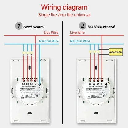 Tuya US WiFi+Bluetooth Smart Switches No Neutral Wire Required 1/2/3/4 Gang Light WiFi Touch Switch Work with Alexa Google Home