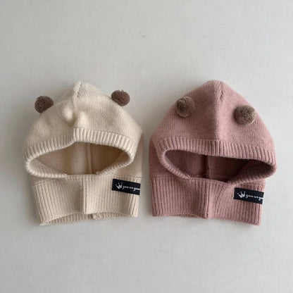 Baby Scarf Hat One-piece Knitted Cap Warm Cute Double Hairball Children Ear Protection Caps Korean Boys Girls Kid Windproof Hats