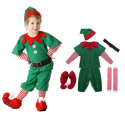 Christmas Kids Clothes Baby Cosplay Green Elf Santa Costume Toddler Xmas Suit Jumpsuit Outfit For Boys Girls Carnival Party