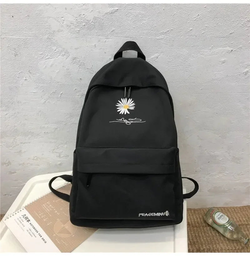 Teen School Bag for Girls Backpack Women Printing Bookbags Middle Student Schoolbag Large Black Cute Flowers Nylon Bagpack