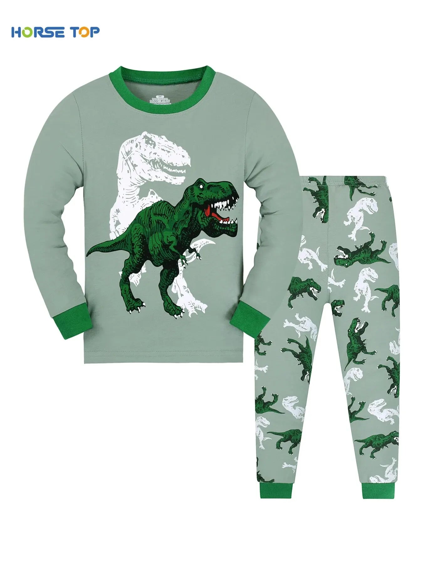 Kid's Pajamas, T-rex Dinosaur Pattern Long Sleeve Top & Pants Set, Comfy Casual Pj Set, Boy's Loungewear